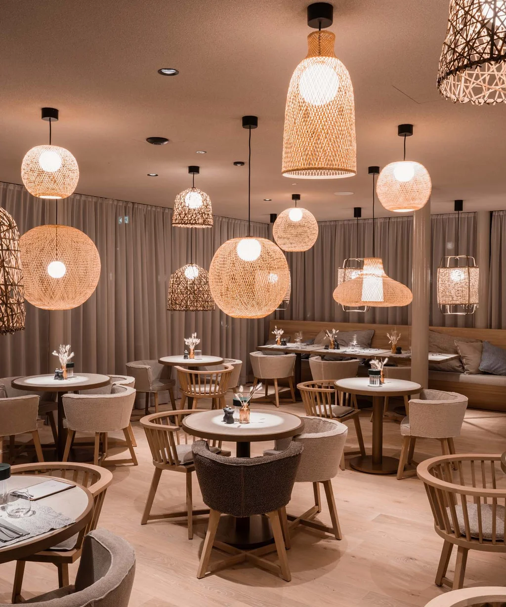 The NILS am See near Parndorf: your hotel at Lake Neusiedl Cozy restaurant with chairs, tables, and warm hanging lights