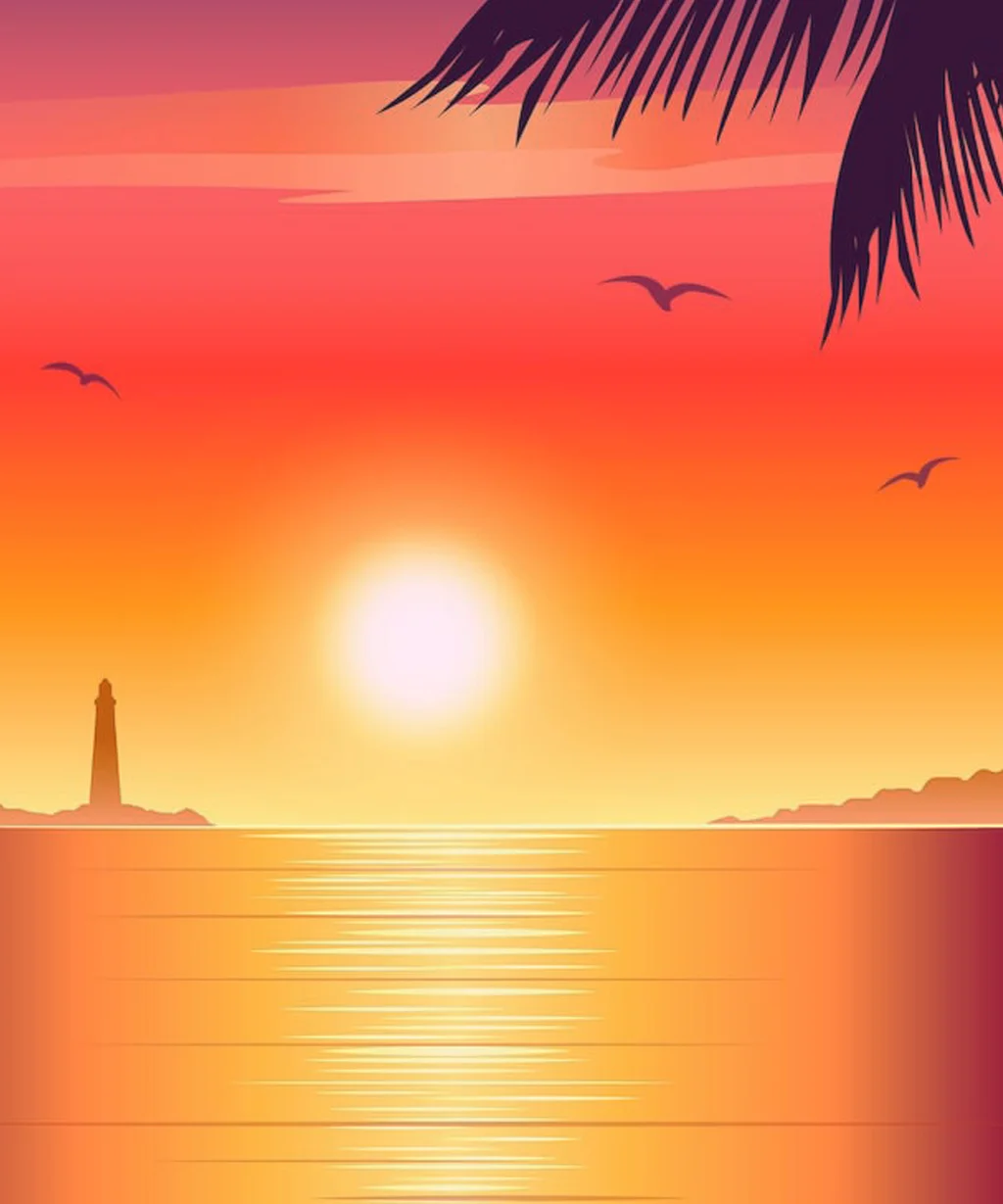 Sonnenuntergang am Meer mit Palmen, Vögeln und Leuchtturm im Hintergrund