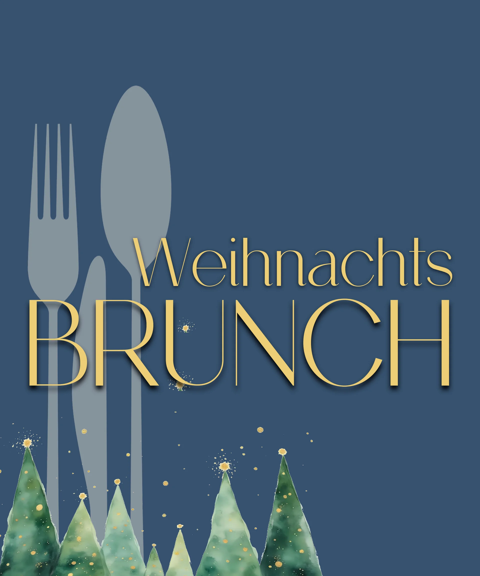 Weihnachtsbrunch Schriftzug mit Besteck und Weihnachtsbaumillustrationen auf blauem Hintergrund