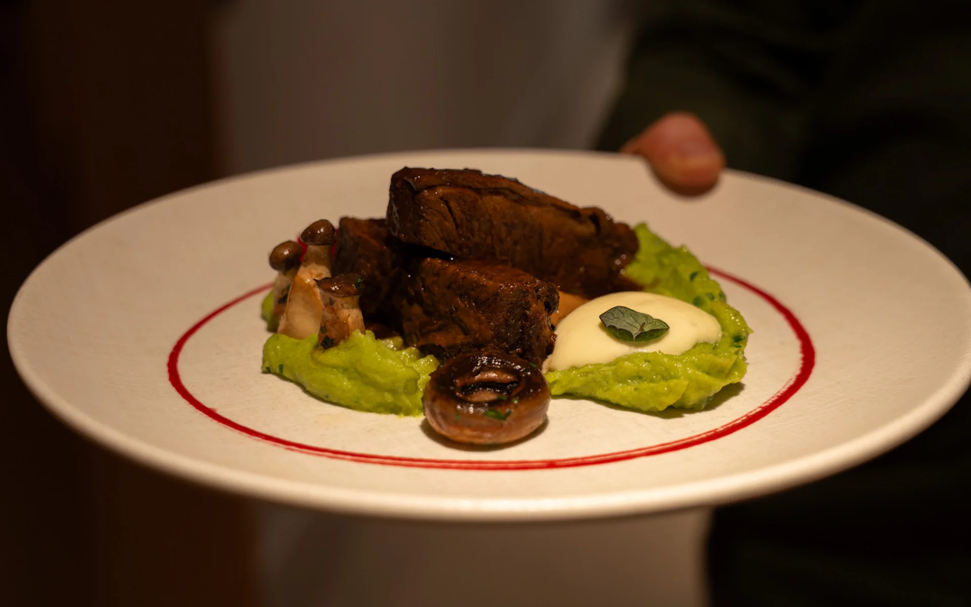 Restaurant Ankkuri am Neusiedler See Gebratenes Fleisch mit grünem Püree, Pilzen und Sauce auf weißem Teller