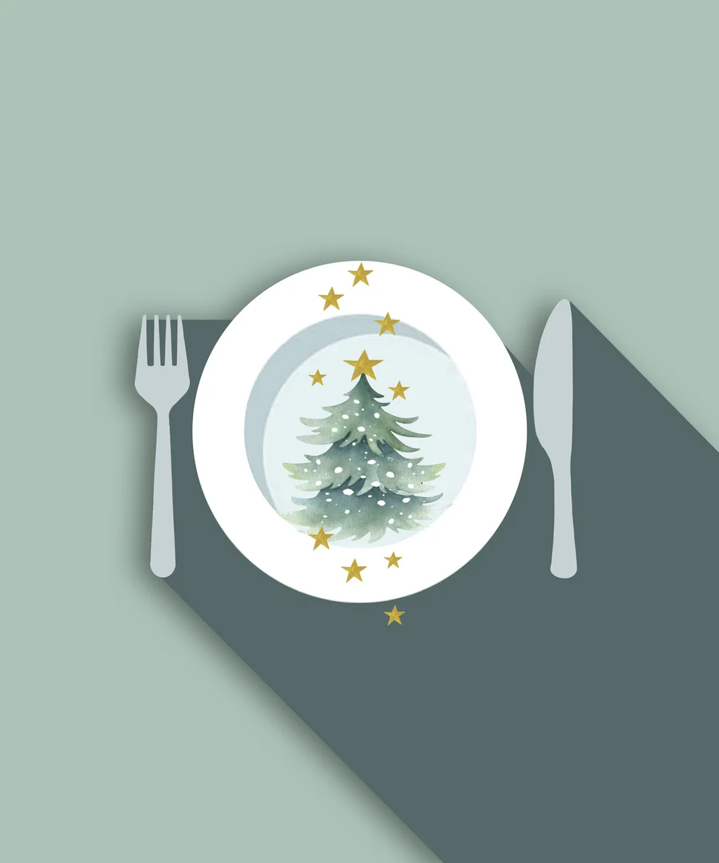 NILS am See: Weinverkostung mit Übernachtung im Burgenland Illustration eines Weihnachtstellers mit Tannenbaum, Gabel und Messer